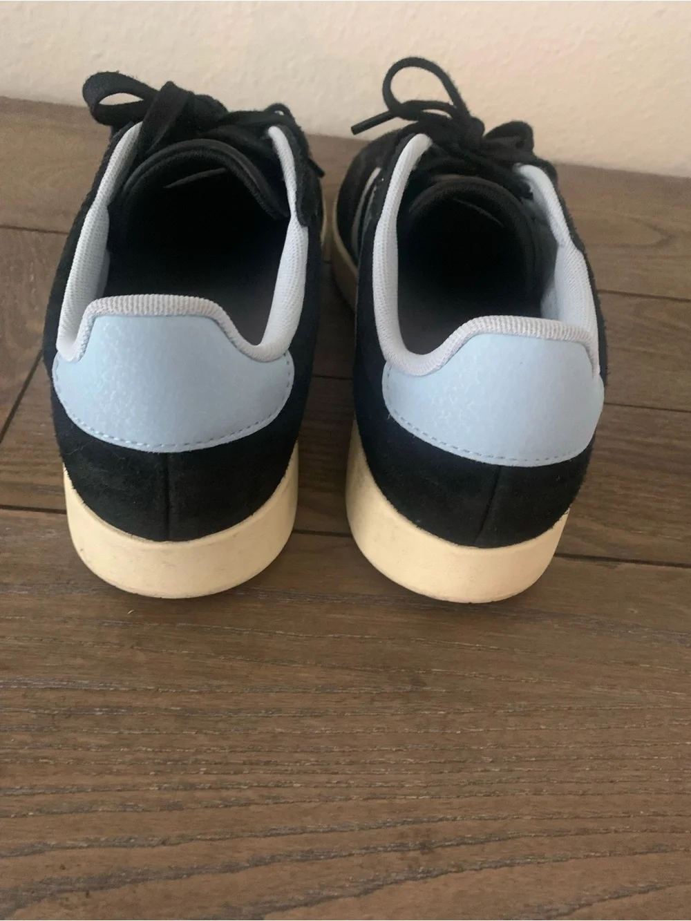 adidas Black Suede Sneakers with Light Blue Stripes and Gold Trim
